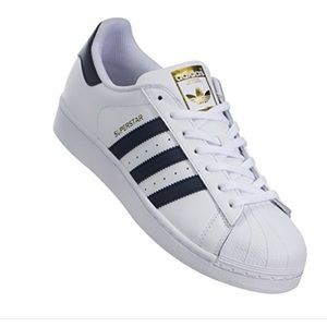 New Adidas White/Navy/Gold Superstar shoes. 3 1/2